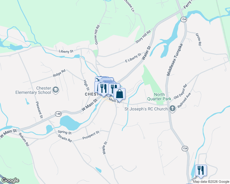 map of restaurants, bars, coffee shops, grocery stores, and more near 156 Middlesex Avenue in Chester