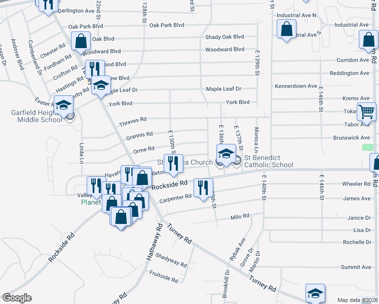 map of restaurants, bars, coffee shops, grocery stores, and more near 13213 Havana Road in Garfield Heights