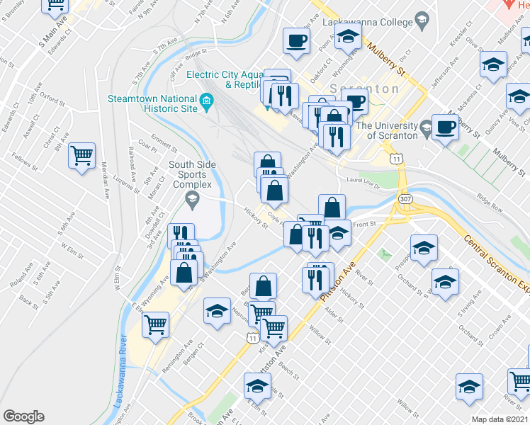 map of restaurants, bars, coffee shops, grocery stores, and more near 501 South Washington Avenue in Scranton