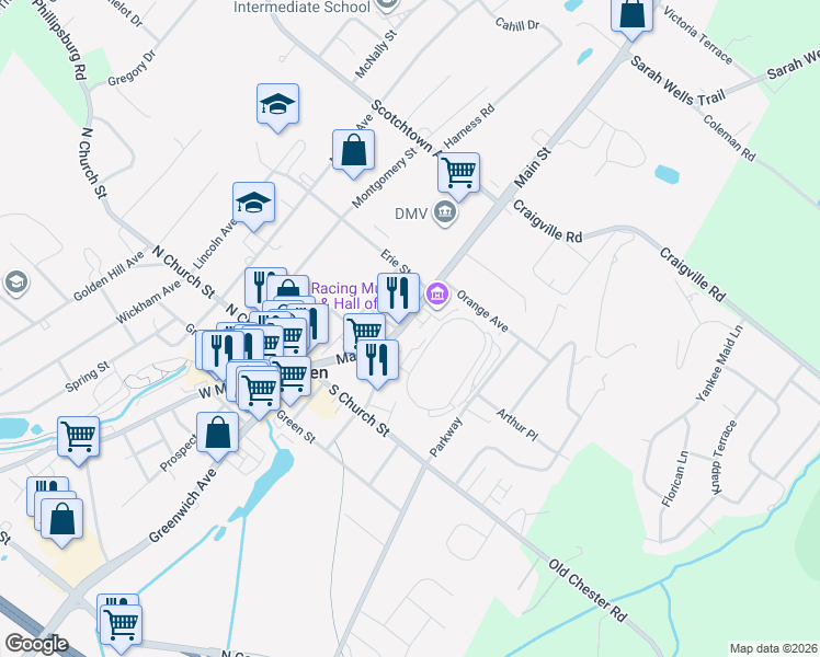 map of restaurants, bars, coffee shops, grocery stores, and more near 168 Main Street in Goshen