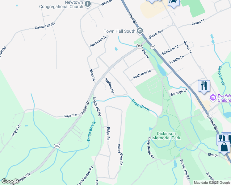 map of restaurants, bars, coffee shops, grocery stores, and more near 18 Baldwin Road in Newtown