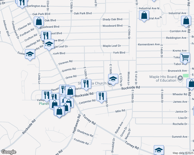 map of restaurants, bars, coffee shops, grocery stores, and more near 13305 Havana Road in Garfield Heights