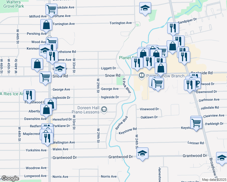 map of restaurants, bars, coffee shops, grocery stores, and more near 2716 Ingleside Drive in Parma