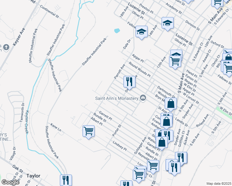 map of restaurants, bars, coffee shops, grocery stores, and more near 1417 Cornell Street in Scranton