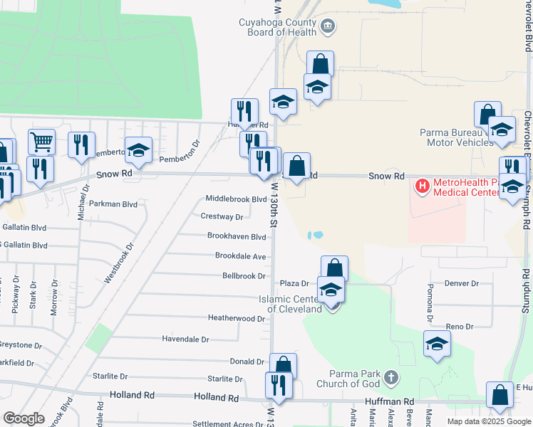 map of restaurants, bars, coffee shops, grocery stores, and more near 5840 West 130th Street in Brook Park