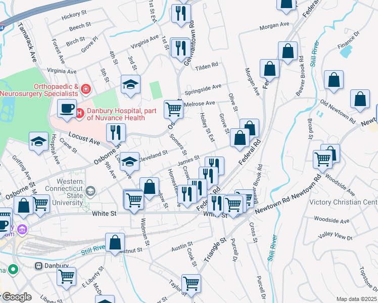 map of restaurants, bars, coffee shops, grocery stores, and more near 55 James Street in Danbury