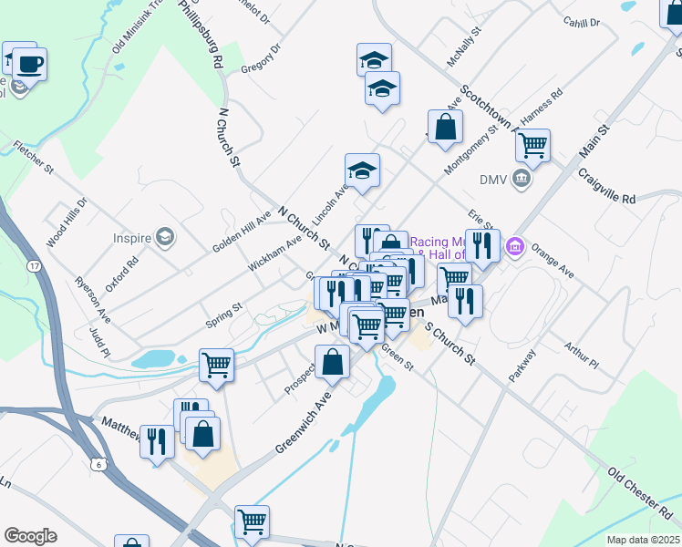 map of restaurants, bars, coffee shops, grocery stores, and more near 300 Canal Street in Goshen