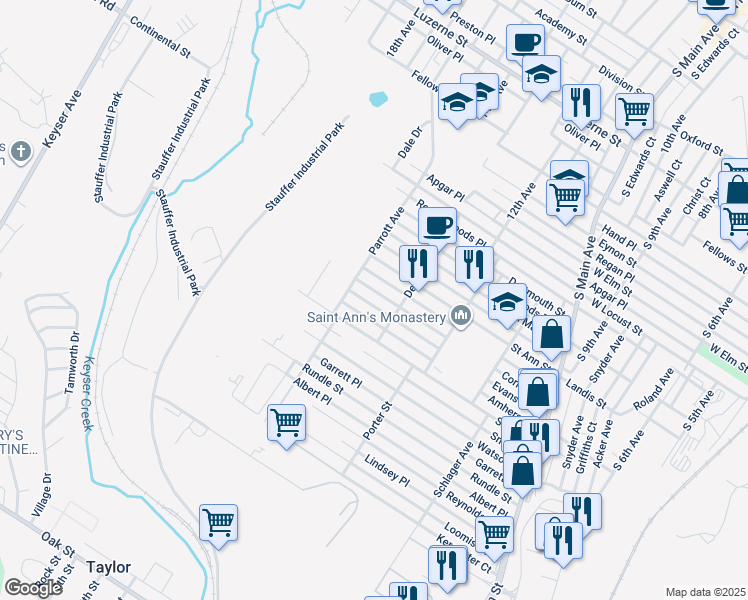 map of restaurants, bars, coffee shops, grocery stores, and more near 1401 Cornell Street in Scranton