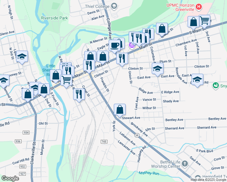 map of restaurants, bars, coffee shops, grocery stores, and more near 99 Franklin Street in Greenville