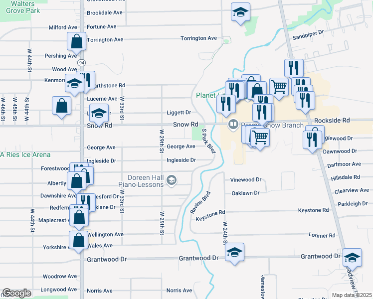 map of restaurants, bars, coffee shops, grocery stores, and more near 2716 Ingleside Drive in Parma