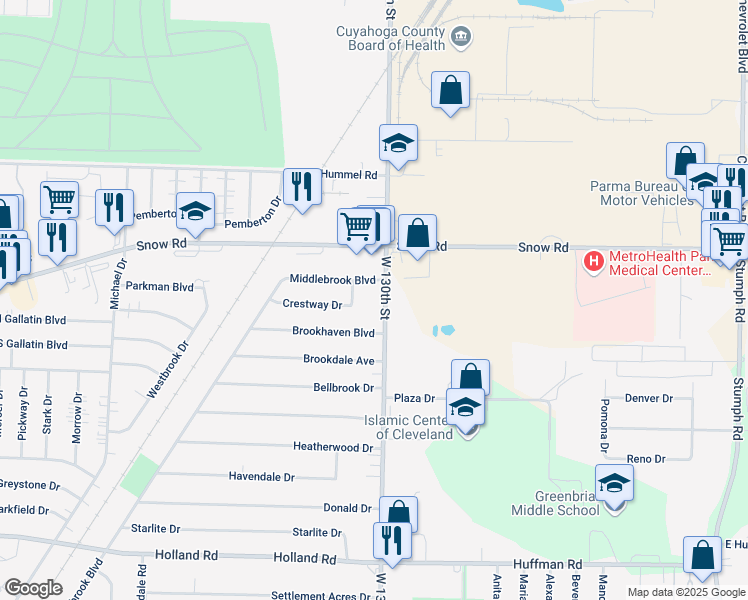 map of restaurants, bars, coffee shops, grocery stores, and more near in Cuyahoga County
