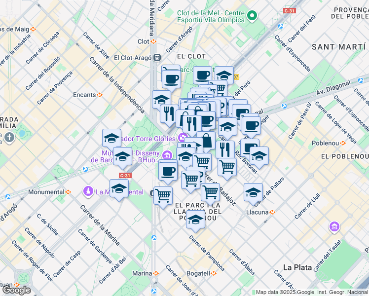 map of restaurants, bars, coffee shops, grocery stores, and more near 211 Avinguda Diagonal in Barcelona