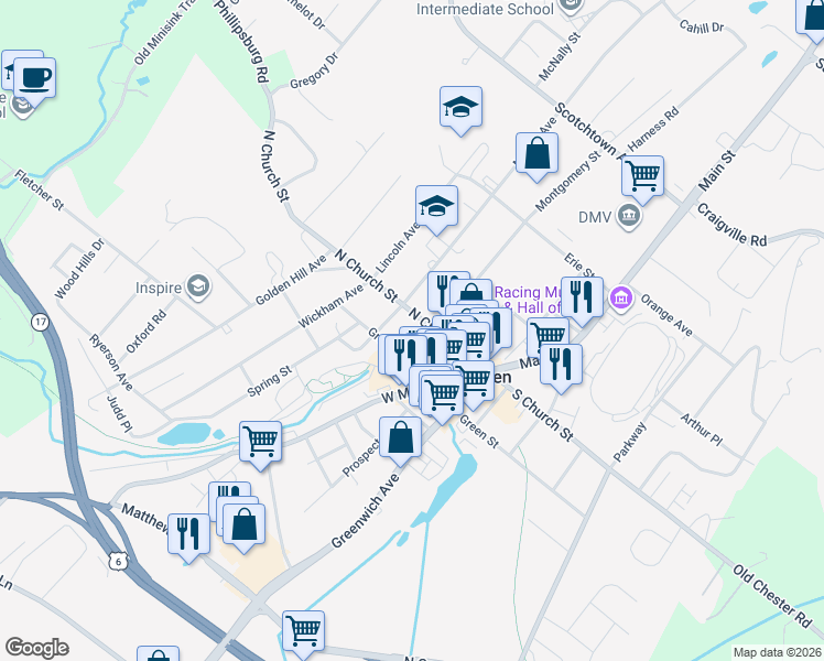map of restaurants, bars, coffee shops, grocery stores, and more near 300 Canal Street in Goshen