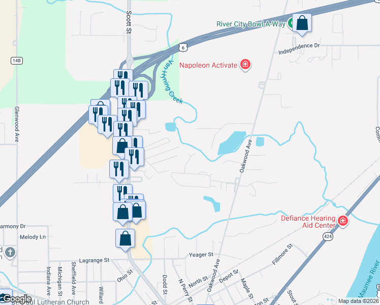 map of restaurants, bars, coffee shops, grocery stores, and more near 135 Northcrest Circle in Napoleon