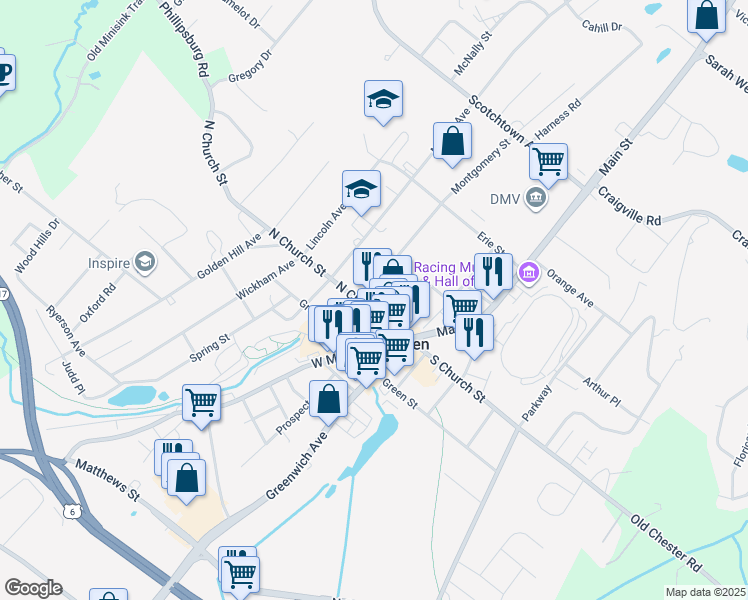 map of restaurants, bars, coffee shops, grocery stores, and more near 110 North Church Street in Goshen