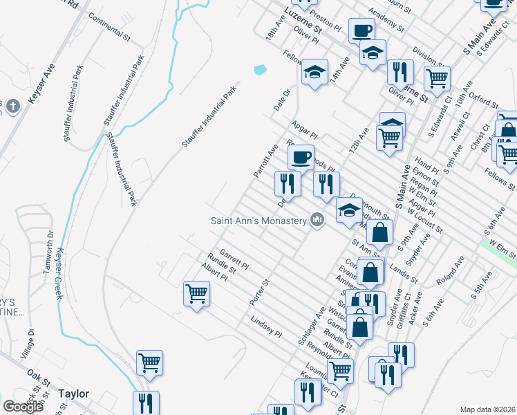 map of restaurants, bars, coffee shops, grocery stores, and more near 1401 Cornell Street in Scranton