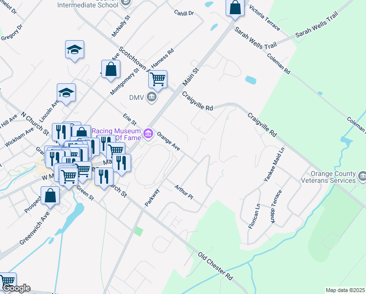 map of restaurants, bars, coffee shops, grocery stores, and more near 40 Orange Avenue in Goshen