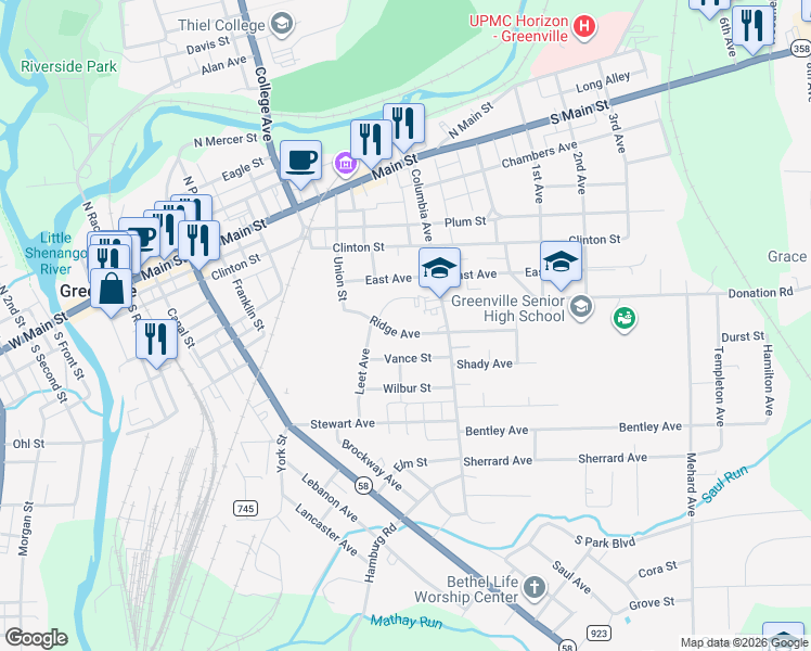 map of restaurants, bars, coffee shops, grocery stores, and more near 2-62 Ridge Avenue in Greenville