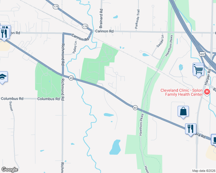map of restaurants, bars, coffee shops, grocery stores, and more near 5685 Emerald Ridge Parkway in Solon