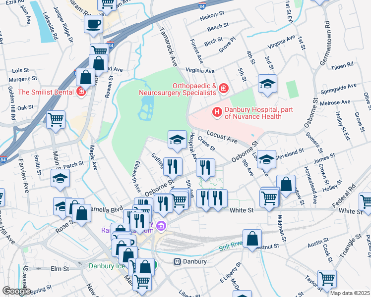 map of restaurants, bars, coffee shops, grocery stores, and more near 21 Hospital Avenue in Danbury
