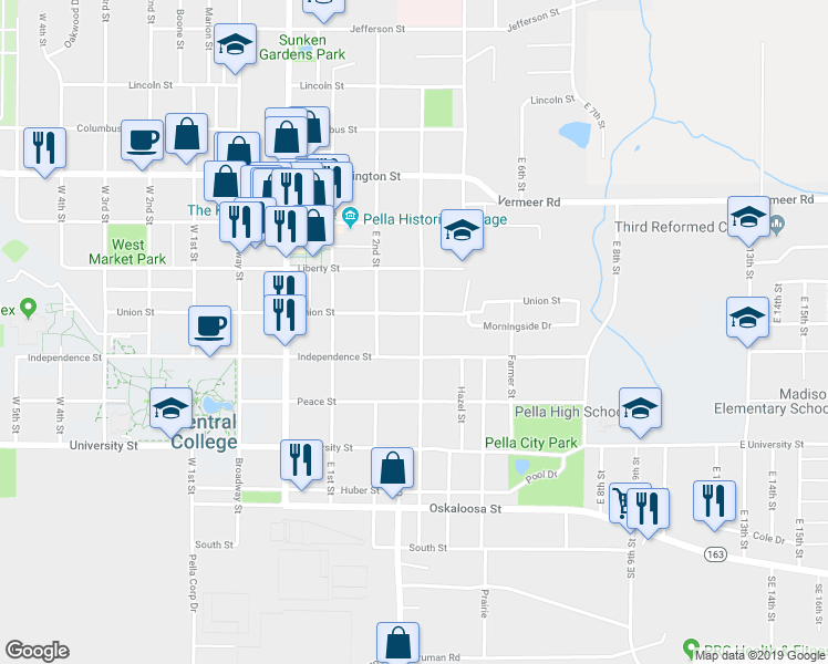 map of restaurants, bars, coffee shops, grocery stores, and more near 509 East 3rd Street in Pella