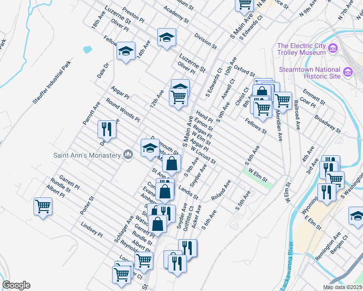 map of restaurants, bars, coffee shops, grocery stores, and more near 922 South Main Avenue in Scranton