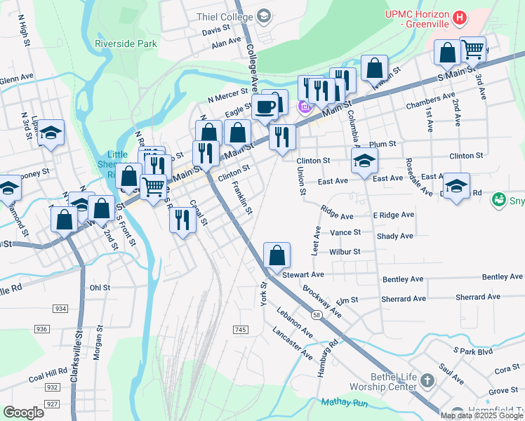 map of restaurants, bars, coffee shops, grocery stores, and more near 99 Franklin Street in Greenville
