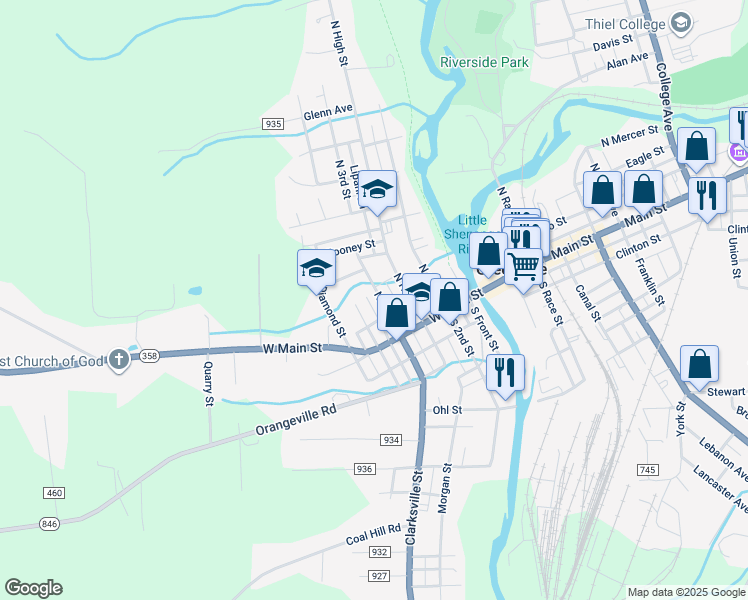 map of restaurants, bars, coffee shops, grocery stores, and more near 16 North 3rd Street in Greenville