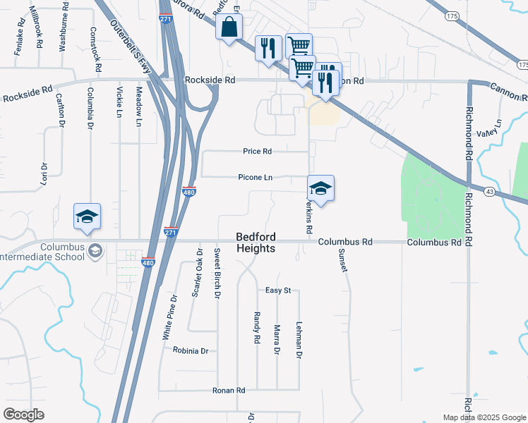 map of restaurants, bars, coffee shops, grocery stores, and more near 25031 Columbus Road in Bedford Heights