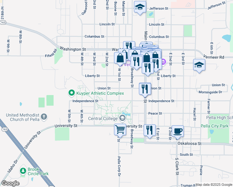 map of restaurants, bars, coffee shops, grocery stores, and more near 900 Independence Street in Pella