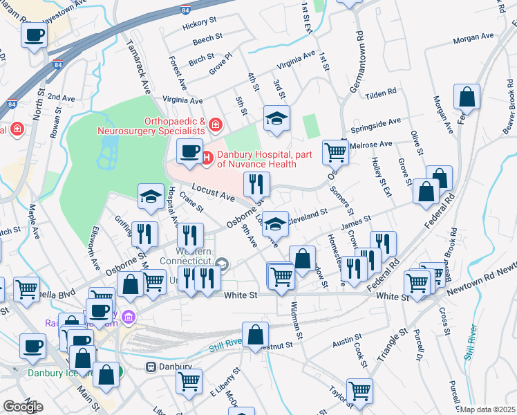 map of restaurants, bars, coffee shops, grocery stores, and more near 53 Locust Avenue in Danbury