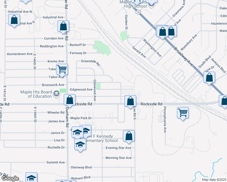map of restaurants, bars, coffee shops, grocery stores, and more near 16016 Edgewood Avenue in Maple Heights
