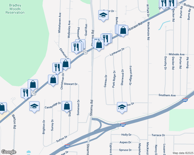 map of restaurants, bars, coffee shops, grocery stores, and more near 6002 Gareau Drive in North Olmsted