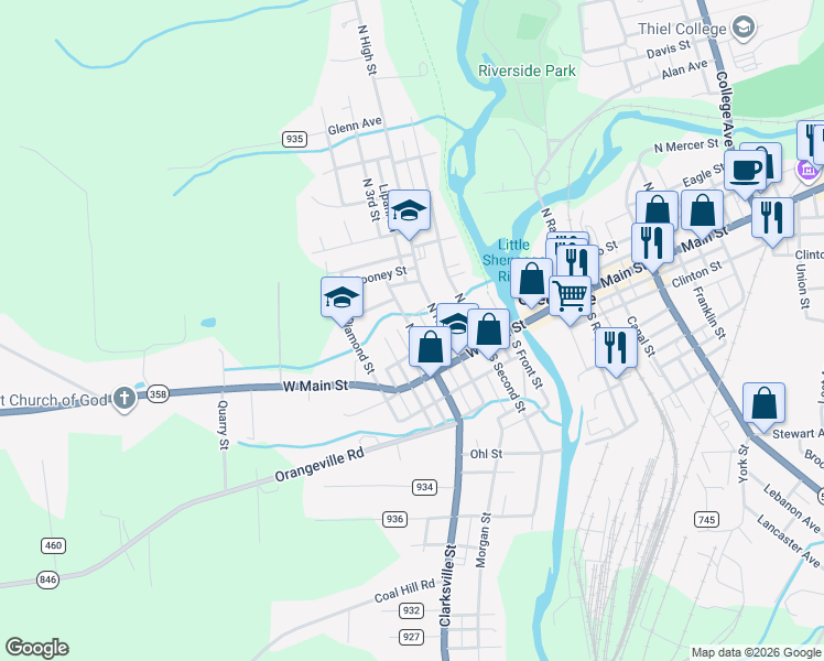 map of restaurants, bars, coffee shops, grocery stores, and more near 28 North 3rd Street in Greenville