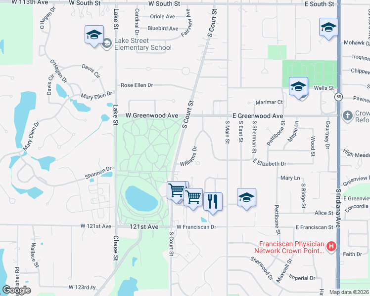 map of restaurants, bars, coffee shops, grocery stores, and more near 758 South Court Street in Crown Point