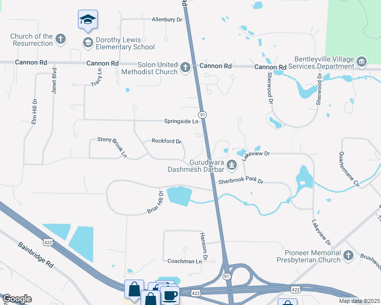 map of restaurants, bars, coffee shops, grocery stores, and more near 33365 Rockford Drive in Solon
