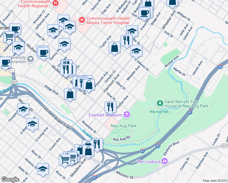 map of restaurants, bars, coffee shops, grocery stores, and more near 445 Wheeler Avenue in Scranton