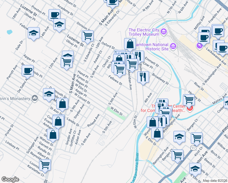 map of restaurants, bars, coffee shops, grocery stores, and more near 603 Eynon Street in Scranton