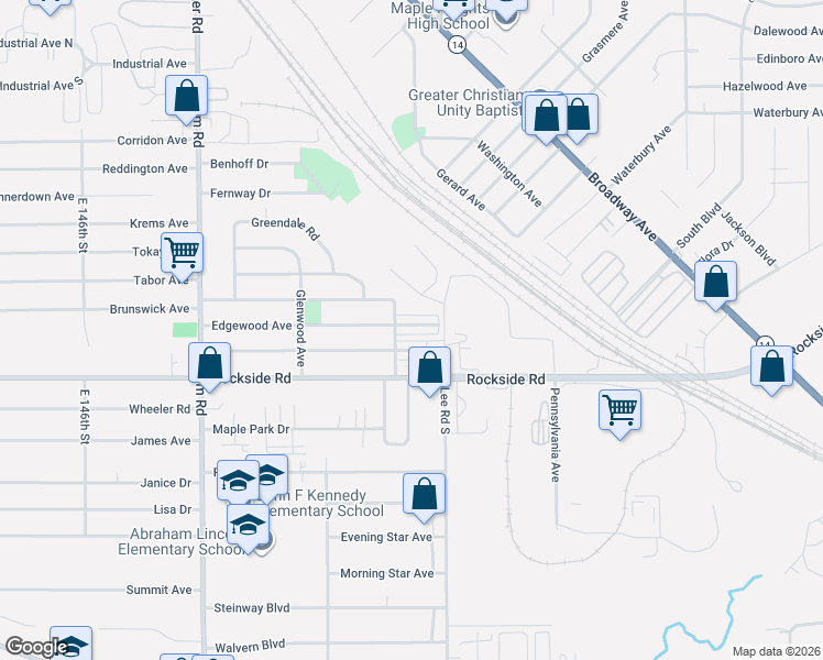 map of restaurants, bars, coffee shops, grocery stores, and more near 16220 Maplewood Court in Maple Heights