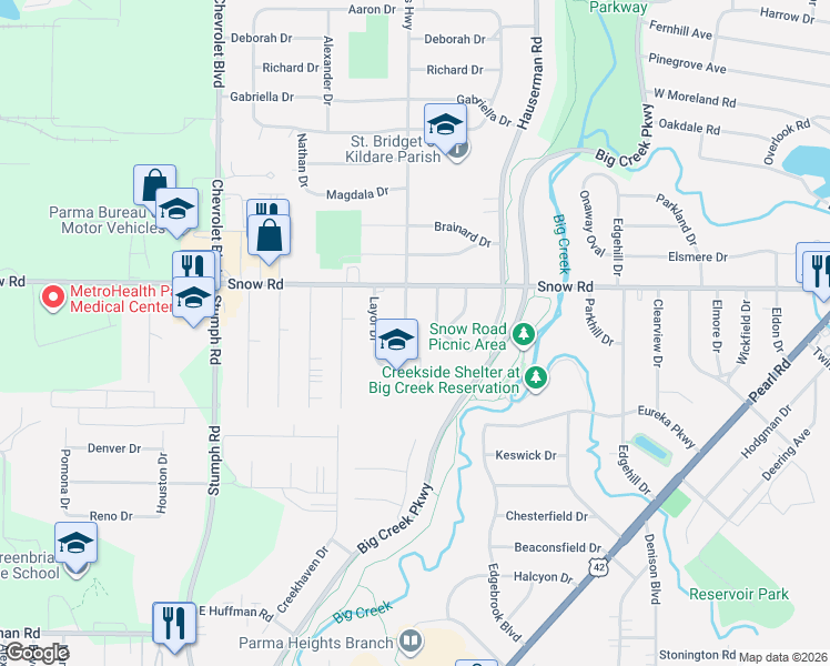 map of restaurants, bars, coffee shops, grocery stores, and more near 5870 Queens Highway in Parma Heights