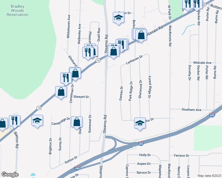 map of restaurants, bars, coffee shops, grocery stores, and more near 6002 Gareau Drive in North Olmsted