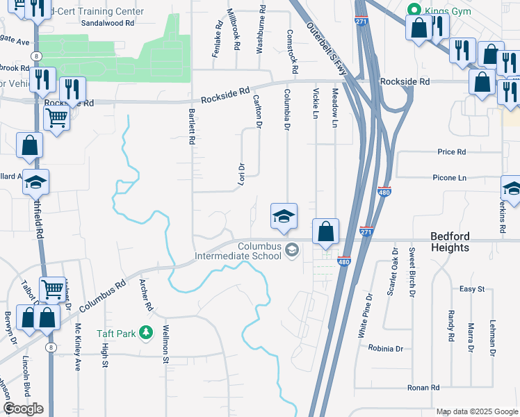 map of restaurants, bars, coffee shops, grocery stores, and more near 23621 Columbus Road in Bedford Heights