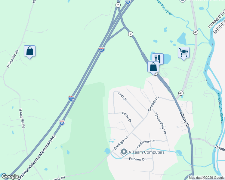 map of restaurants, bars, coffee shops, grocery stores, and more near 15 Croft Court in Stonington