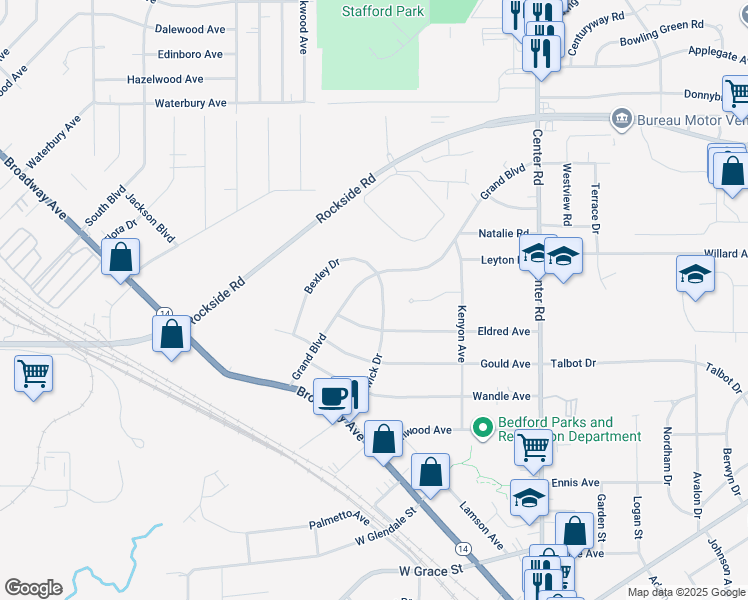 map of restaurants, bars, coffee shops, grocery stores, and more near 185 Eldred Avenue in Bedford