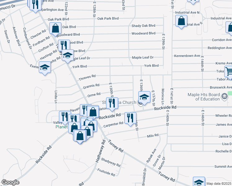 map of restaurants, bars, coffee shops, grocery stores, and more near 13016 Orme Road in Garfield Heights
