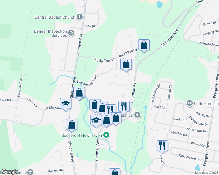 map of restaurants, bars, coffee shops, grocery stores, and more near 111 Overlook Drive in Hamden