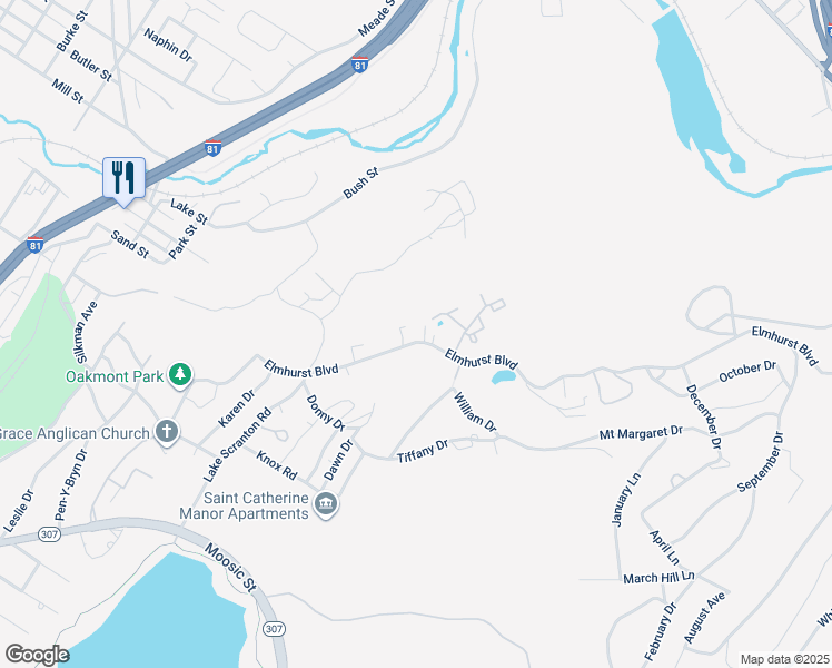 map of restaurants, bars, coffee shops, grocery stores, and more near 10 Elmhurst Boulevard in Scranton