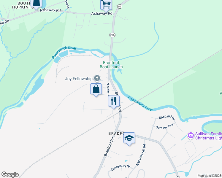 map of restaurants, bars, coffee shops, grocery stores, and more near 26 North Main Street in Westerly