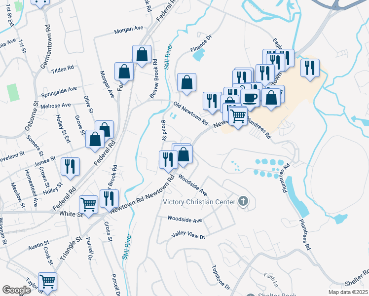 map of restaurants, bars, coffee shops, grocery stores, and more near 50 Newtown Road in Danbury