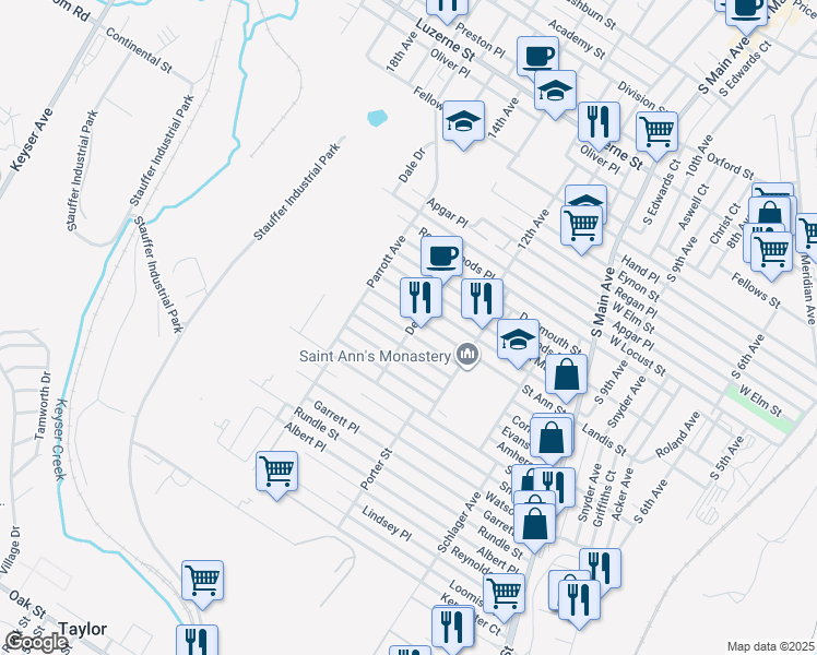 map of restaurants, bars, coffee shops, grocery stores, and more near 1401 Cornell Street in Scranton